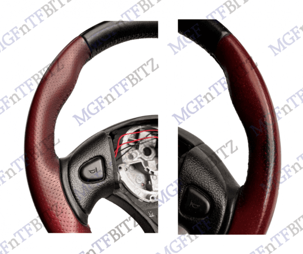 MGF 75th Anniversary Steering Wheel Grenadine Red & Black QTB101020WFJ close up at MGFnTFBITZ