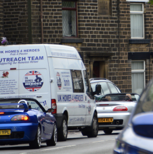 90.MGFs & MG TFs & UK Homes 4 Heroes Van driving through Glossop Derbyshire for 2018 Topless Around The Peak District Charity Run raising money for UK Homes with MGFnTFBITZ