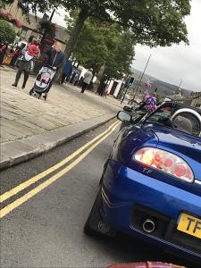 98.MGFs & MG TFs driving through Glossop Derbyshire for 2018 Topless Around The Peak District Charity Run raising money for UK Homes 4 Heroes with MGFnTFBITZ